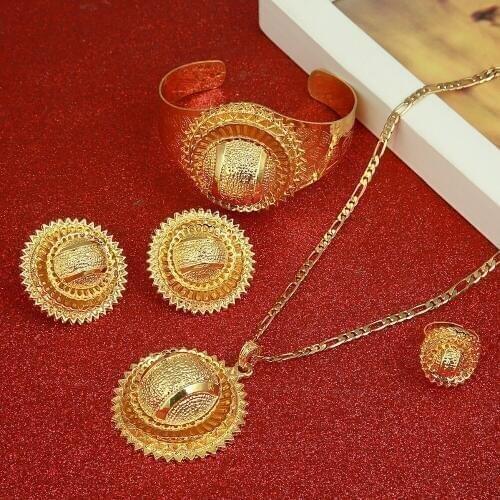 New Ethiopian Gold Color Sets Pendant Necklace Earrings Bangle Ring Habesha Jewelry Eritrean Wedding Gift