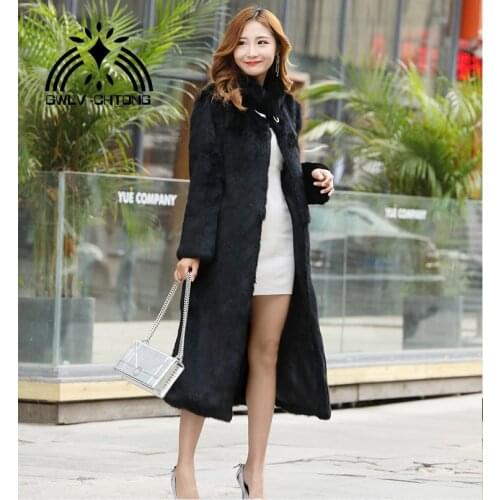 New Real genuine natural full pelt rabbit fur coat womes fashion long jacket stand collar with diamond hook custom any size