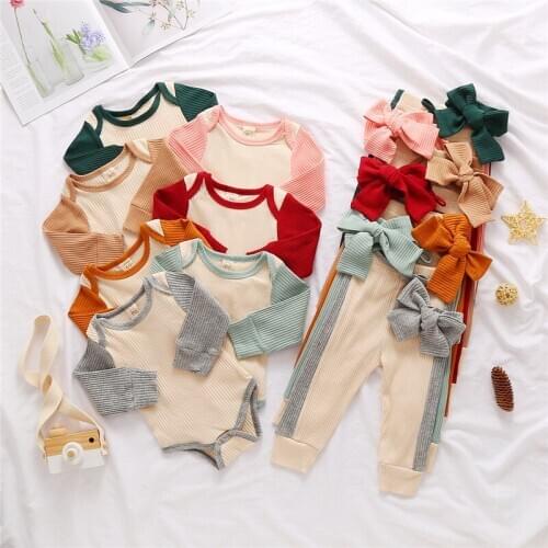 Toddler Kids Baby Boy Girls Clothes Autumn Infant Ribbed Knitted Patchwork Bodysuit Top Romper Pants Headband 3pcs Clothing Sets
