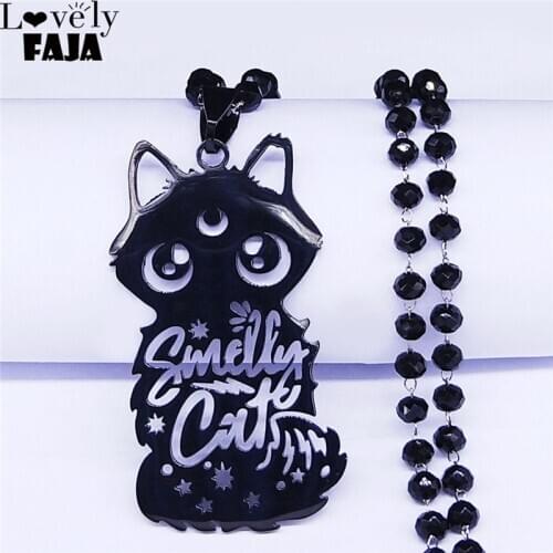 Cut Wich Moon Cat Stainless Steel Necklace for Women Black Color Chain Necklace Jewelry collares de acero inoxida N4424S03