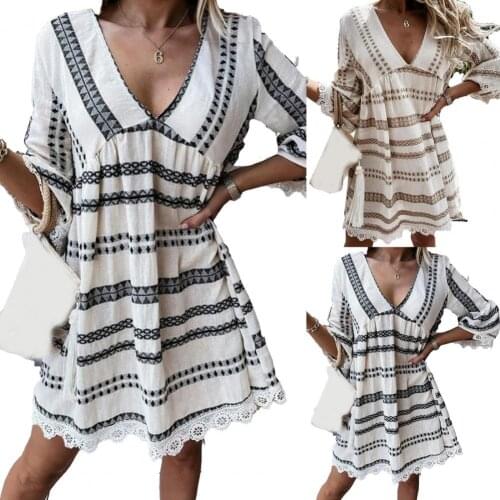 Summer Mini Sexy Dress 2021 Geometric Print Lace Women Flared Sleeve Large Hem Dress for Dating Casual Womens Clothing xxxl