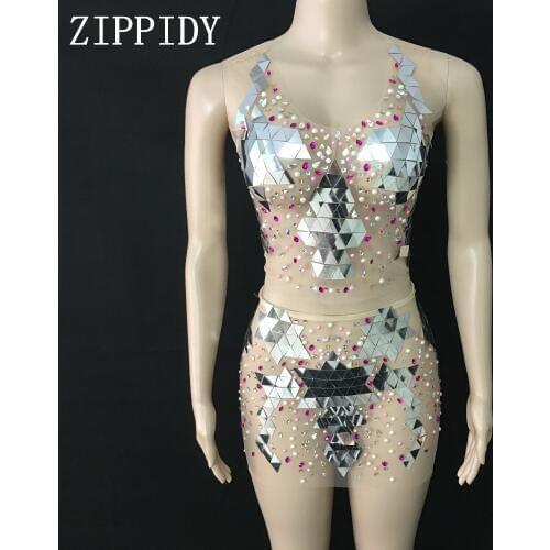 Colorful Pearls Rhinestones Mesh Outfit See Through Dance Wear Mirrors Outfit Nightclub Singer Silver Sequins Top Skirt