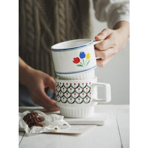 Retro Ceramic Flower Mug French Retro Flower Breakfast Plate Creative Drinking Cup Coffee Mug