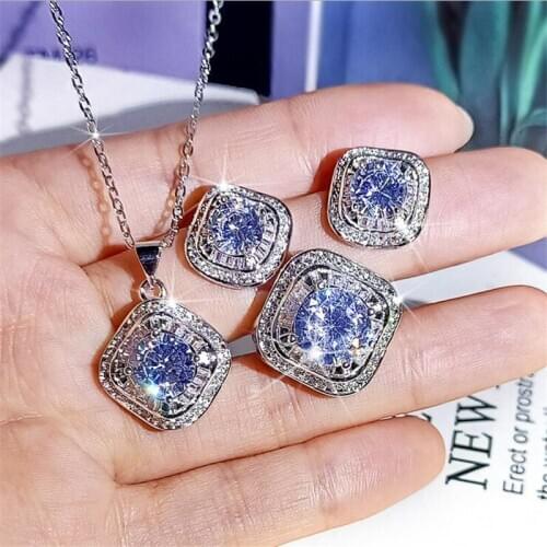 Choucong Sparkling Luxury Jewelry Set 925 Sterling Silver White Topaz Wedding Adjustable Ring Stud Earring Clavicle Necklace