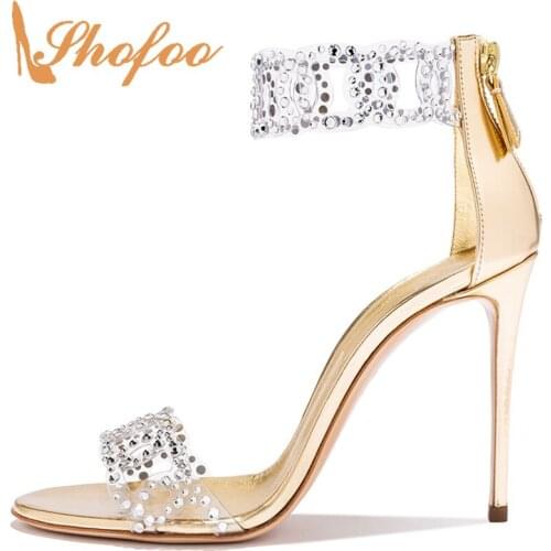 Gold Clear PVC Rhinestion Ankle Strap Stilettos Sandals Woman High Thin Heels Zipper Female Party Shoes Large Size 11 16 Mature