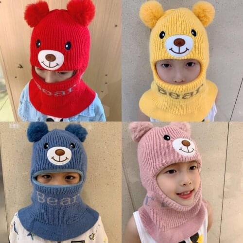 Cute Baby Girl Winter Warm Ball Knitted Crochet Earflap Beanie Hats Cartoon Bear Design Double Ball Kids Hats Cap