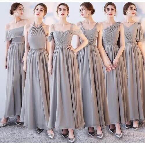 Six Style A Line Long Chiffon Bridesmaid Dresses Elegant Cheap Grey Wedding Guest Dress Gown vestido de festa longo DQG365