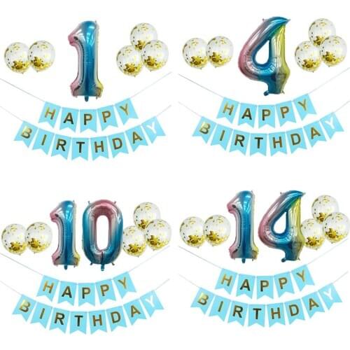 Blue Paperboard Happy Birthday Banners With Rainbow Number Foil Balloons Confetti Balloon Birthday Party Decorations Kids Adult