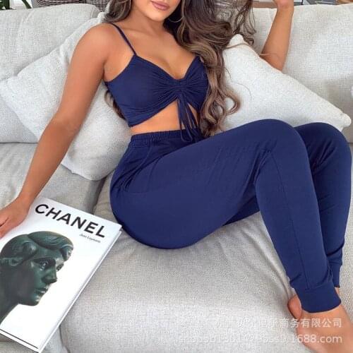 WEPBEL Women Tracksuit Ladies Sling Halter Drawstring Ruched Crop Top + High Waist Drawstring Long Pants Two Piece Set Outfits