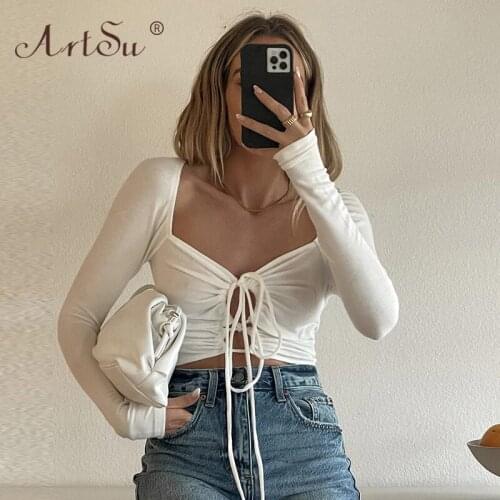 ArtSu Bandage V-Neck Tie Front Top Women Long Sleeve Fall 2021 Slim Black White Sexy Cropped Tops Tshirt Streetwear