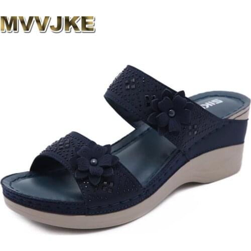 MVVJKE Wedge Sandals For Women 2021 Comfortable Luxury Designer Summer Rhinestone Flowers High Heels Plus Size Casual Non-Slip
