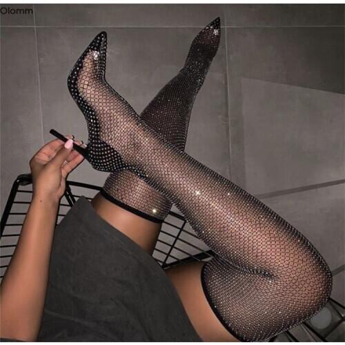 Olomm Handmade Women Thigh High Boots Stiletto Heels Boots Pointed Toe Gorgeous Black Night Club Shoes Women Plus US Size 5-15