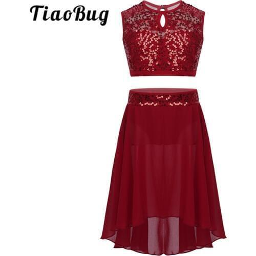 TiaoBug Sleeveless Sequins Crop Top Chiffon Skirt Set for Girls Ballet Gymnastics Leotard Kids Competition Lyrical Dance Costume