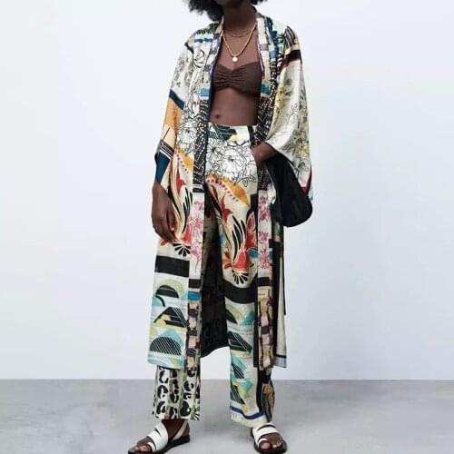 Womens Kimono Za Patchwork Long Womens Kimono 2021 Summer Retro Belt Japanese Beach Long Sleeve Casual Top Pants