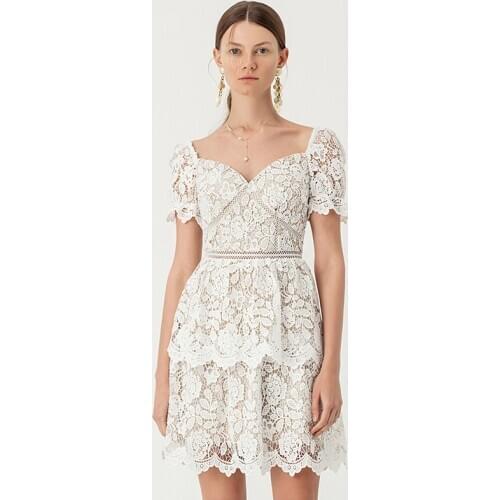 YIGELILA New Arrivals Fashion Women White Lace Dress Solid V-neck Short Sleeve Dress Sexy Backless Empire Slim Mini Dress 65499