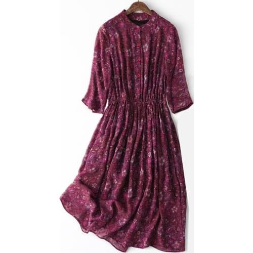Women Summer 100% Silk Wine Red Printing Dress O neck Floral Print Natural silk dresses Elegant Dress Casual real silk dress