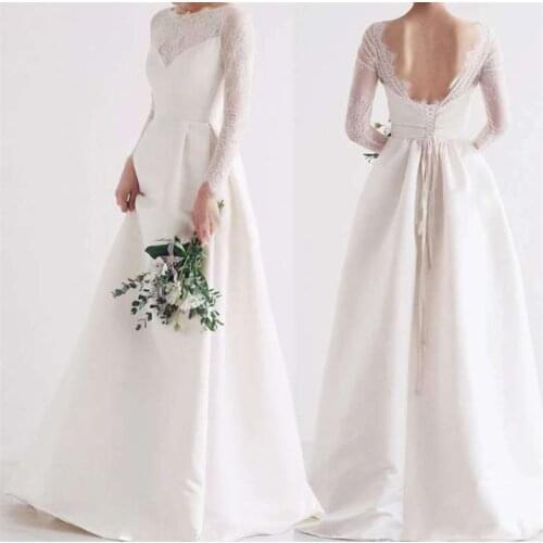 Floor Length A-line Wedding Dress 2021 Lace Satin Elegant Long Sleeve Backless Bridal Gowns vestidos de mairee Wedding