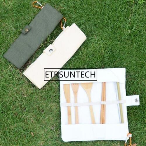 150pcs Japanese Style Portable Outdoor Tableware Storage Bag With Hook Canvas Cosmetic Bags Travel Carrying Case