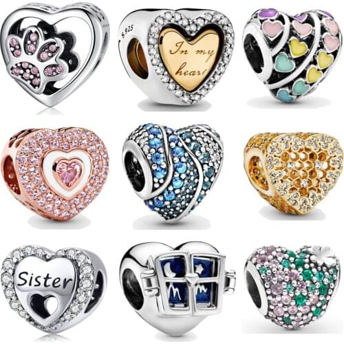 925 Sterling Silver Heart Shaped Sparkling Paw Rainbow Cubic Zirconia Flower Beads Fit Pandora Charm Bracelet DIY Women Jewelry