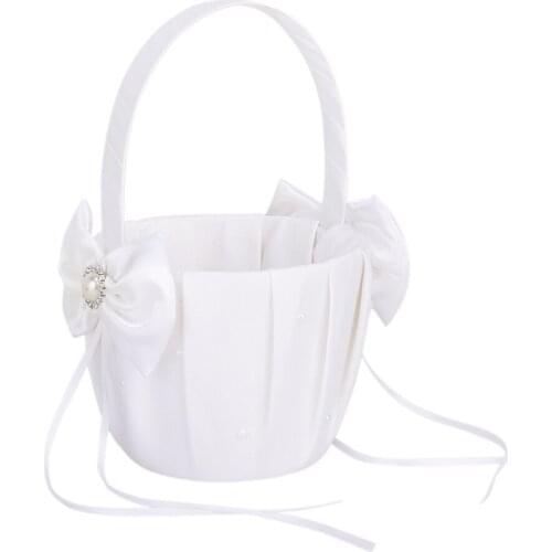Satin Bowknot Faux Pearl Crystal Flower Girl Basket Wedding Party Decor White Garden Supplies