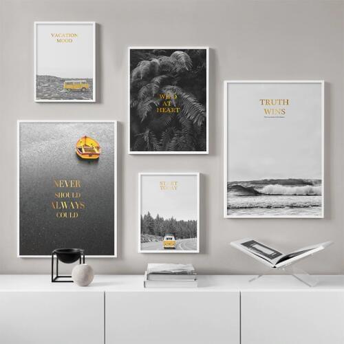 Black and White Wall Art Poster Bus Leaf Quotes Print Sea Landscape Canvas Painting Scandinavian Style Wall Picture Decoration