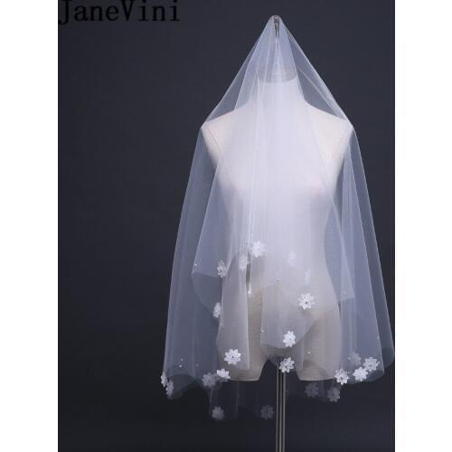 JaneVini Ivory Bridal Veil Pearl Cut Edge Soft Tulle Handmade Flowers Applique Short Wedding Veil for Bride No Comb Accessories