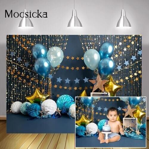 Newborn Children Birthday Cake Smash Background Golden Glitter Stars Kids Portrait Backdrop Blue Balloons Studio Photography