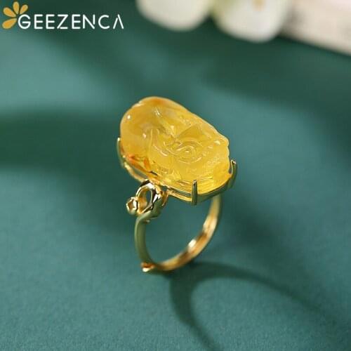 GEEZENCA S925 Silver Gold Plated Natural Amber Lucky Beast Rings For Women Vintage Luxury Chinese Vintage Style Open Rings Gift