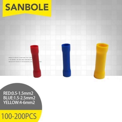 BV1.25 BV2 BV5.5 Assorted Insulated Straight Butt Connectors Electrical Crimp Wire Cable Terminals Set Red Blue Yellow