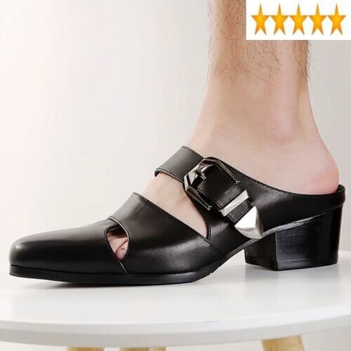 Fashion Mens Genuine Summer Slippers Pointed Toe Buckle Hollow Leather Shoes 2021 New Brand Male Black Sandals Quality