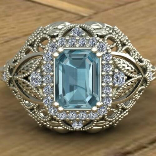 Fashion Women Jewelry Princess Cut Light Blue Zircon Bridal Rings for Wedding Engagement Ring Set Gifts