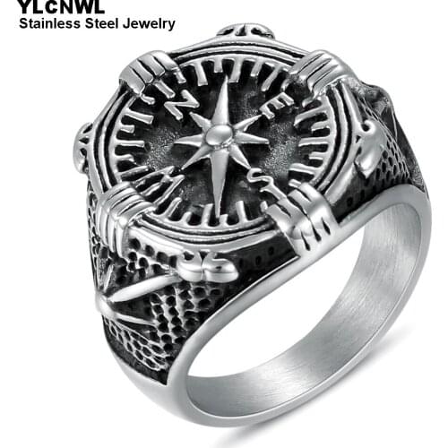 316L Stainless Steel Compass Rings For Men Gold Black Color Punk Male Fashion Jewelry Anniversary Gift