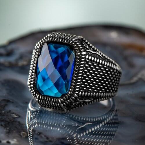 925 Sterling Silver Blue Zircon Mens Ring Fashionable Affordable Ring for Men Special Accessory Exclusive Ring Made in Turkey