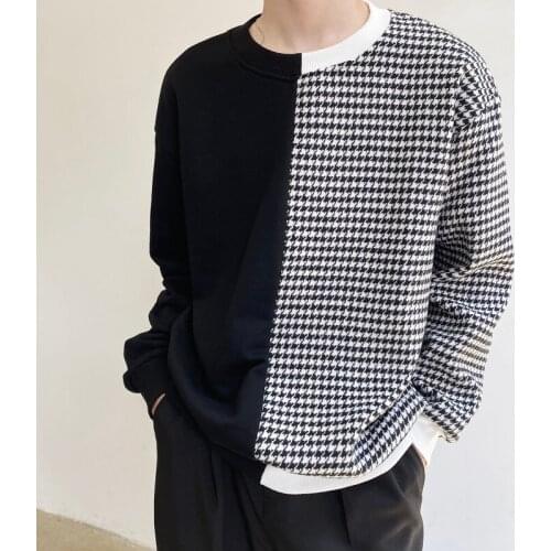 2021 Autumn Korean style Personality Houndstooth grid sweatshirt men casual loose Mixed colors Splicing sweatshirt for men,M-XL
