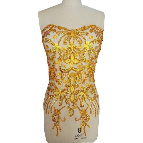 A94 Pure hand made dazzling golden sew on Rhinestones applique on mesh crystals trim patches 56*38cm dress accessory for belt