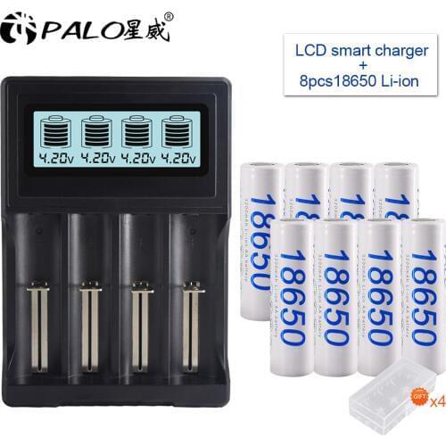 Palo 8pc 3.7V 18650 lithium batteries rechargeable 18650 battery 3200mah+3.7V li-ion battery charger 14500 18650 battery charger