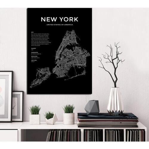 New York Map Poster Black and White World City Map Posters and Prints New York City Poster Nordic Wall Art Canvas Painting