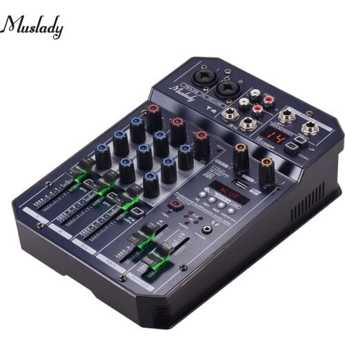 Muslady T4 Portable 4-Channel Sound Card Mixing Console Audio Mixer Built-in 16 DSP 48V Phantom power Supports BT Connection MP3