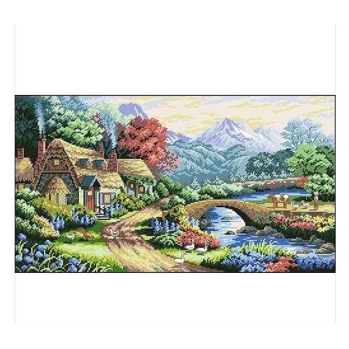 Embroidery Package Free Shipping Cross Stitch Kits Scenery Farm House Flower Tree Bridge
