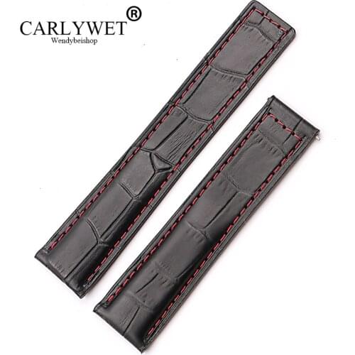 CARLYWET 20 22mm Wholesale Red Stitches High Quality Genuine Leather Replacement Wrist Watch Band Strap Belt