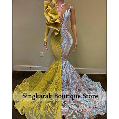 Silver Mermaid Prom Dresses 2021 For Black Girls High Split Sequined Backless Party Gowns Plus Size Prom Gowns