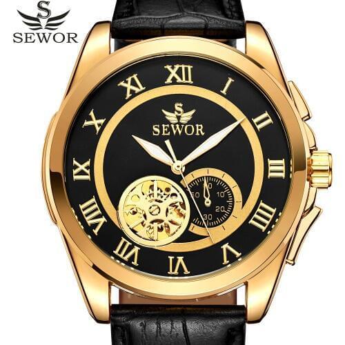 SEWOR Top Brand Luxury Automatic Mechanical Watch Men Watch Business Fashion Leather Skeleton Watches Black Gold Male Wristwatch