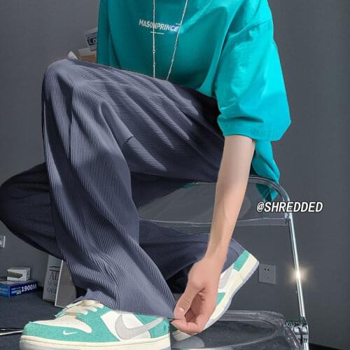 Hybskr Casual Men Pants Solid Color Korean Pleated Trousers For Man Straight Black Gray Fashion Male Wide Pants Mens Clothing