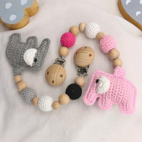 Pacifier Clip Chain Wood Beads Knitting Wool Elephant Toy BPA Free DIY Dummy Nipple Holder Baby Teething Chewing Soother