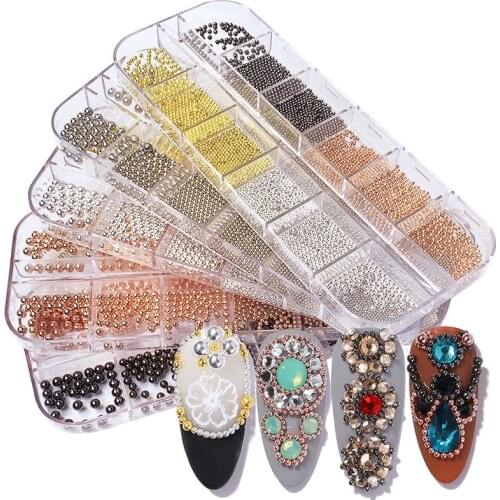 12Grids/box Mixed Size Caviar Beads Nail Art Decorations Rose Gold Silver Black White DIY Tool Nail Studs Gel Polish Accessoires