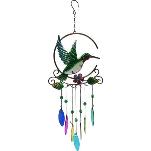 Stained Glass Hummingbird Wind Chime Iron Art Window Hanging Pendant Handmade Multicolored Outdoor Garden Bird Sun Catcher