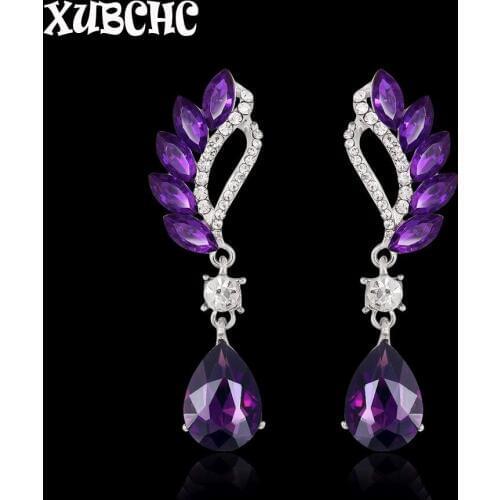 XUBCHC Brand Red Purple Blue Silver Color Wing Dangle Earrings Crystal Water Drop Earrings For Women Fashion Wedding Jewelry