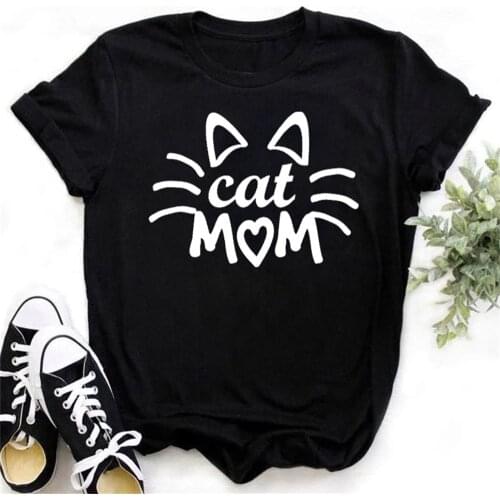 Cat Mom T Shirt New Women Black T Shirt Female Fashion Casual Short Sleeve Tops Tee Woman Cute Shirt Cat Lover T-shirts TX5984