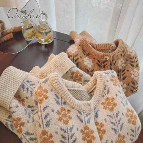 Ordifree 2021 Autumn Winter Women Knitted Sweaters Vintage Floral Print Cute Girls Knitting Coat Female Sweater Jumper