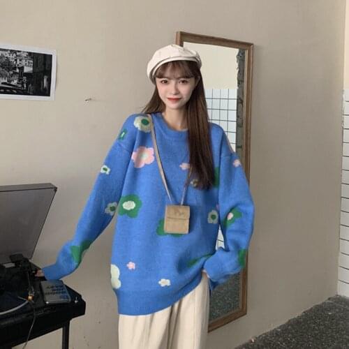 Small flower round neck pullover womens autumn and winter jacquard sweater casual style top knit sweater